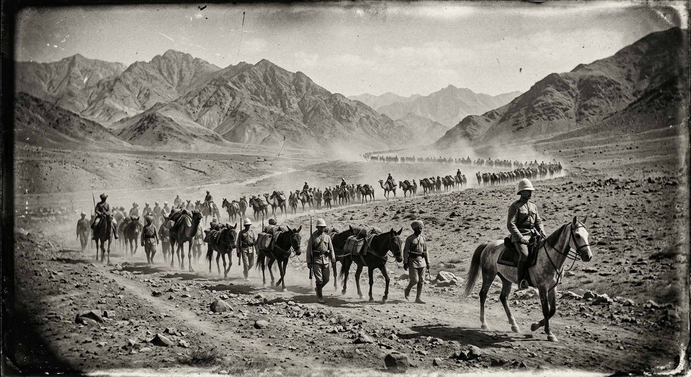 A column of troops, mules and camels crossing a barren Afghan valley, led by an officer on a small grey horse